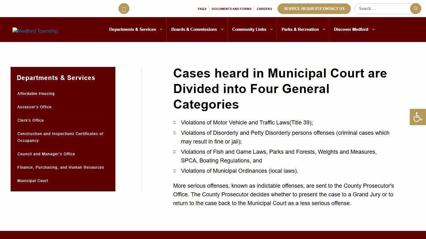 Cases heard in Municipal Court are Divided into Four General Categories - Medford Township