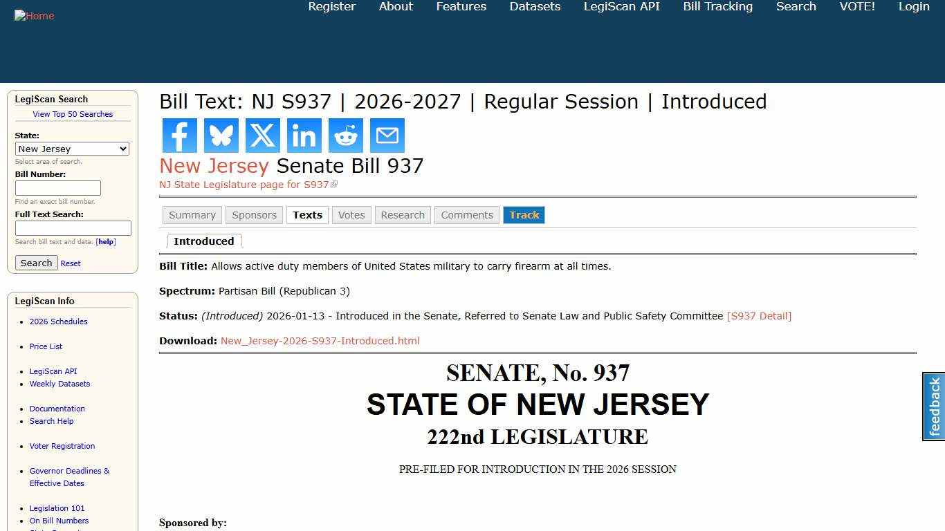 Bill Text: NJ S937 2026-2027 Regular Session Introduced LegiScan