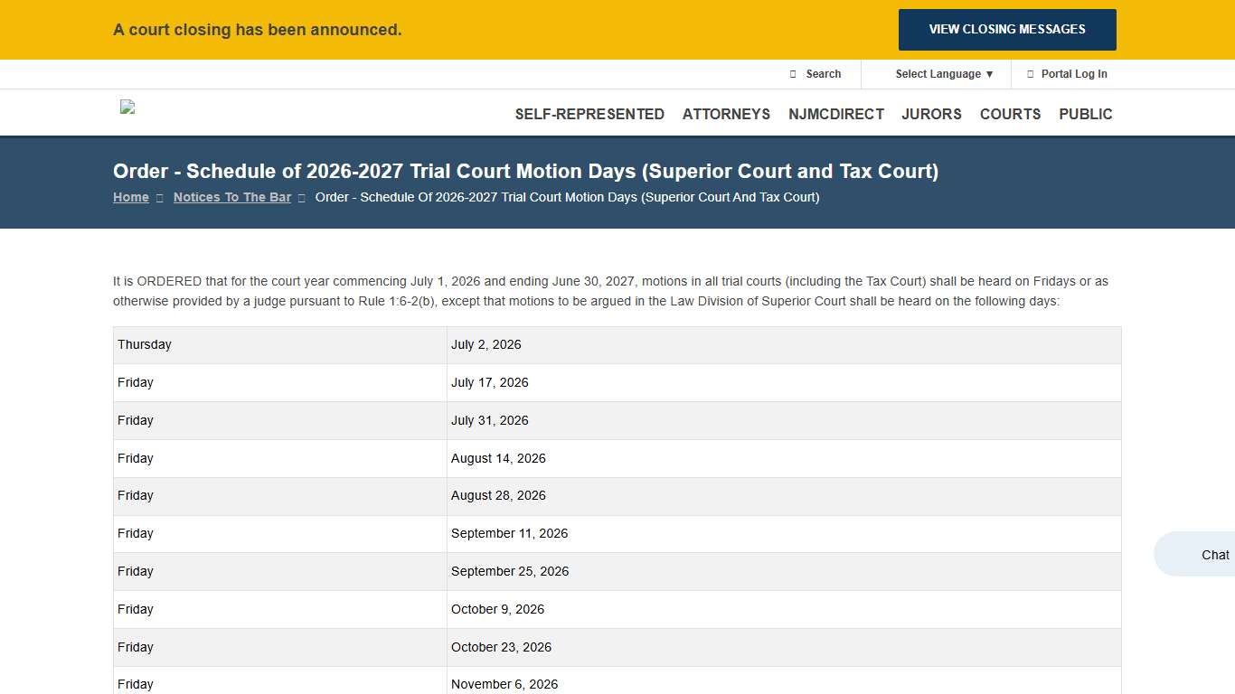 Order - Schedule of 2026-2027 Trial Court Motion Days (Superior Court and Tax Court) NJ Courts