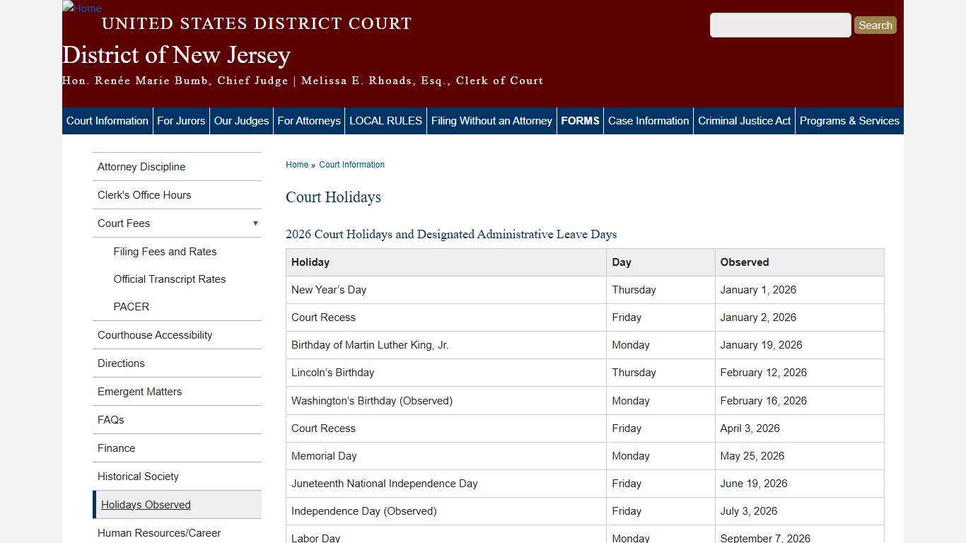 Court Holidays District of New Jersey United States District Court